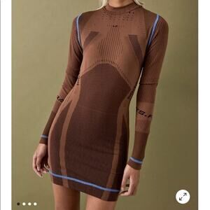 UO iets Frans Brown Seamless Long Sleeve Ribbed Striped Bodycon Sweater Dress XS